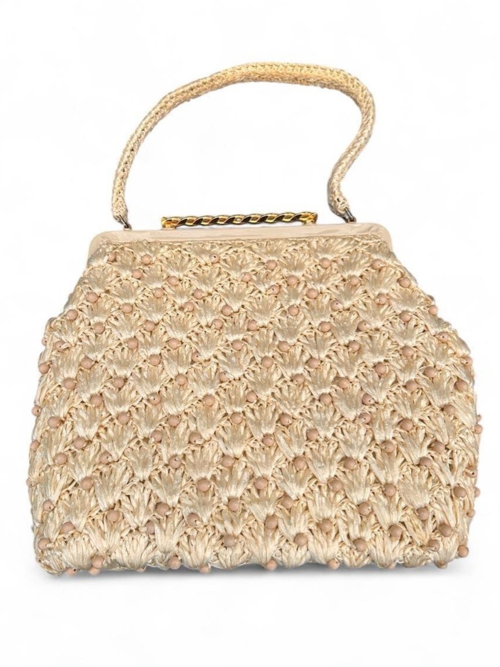 Vintage Cream Woven Beaded Raffia Hinge Handbag Ivory Bridal Beach Accessory 60s